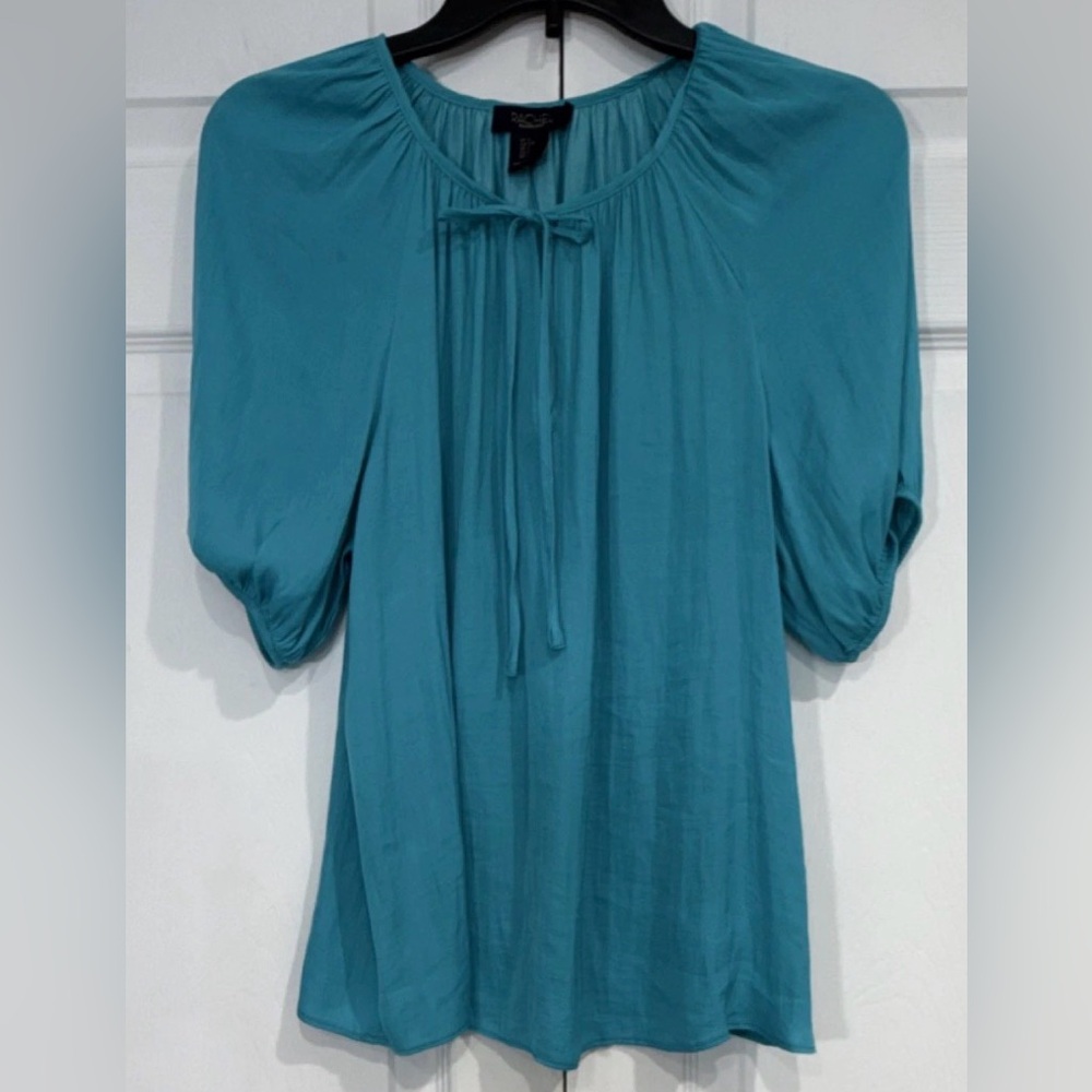 Rachel Roy S Blue Puff Sleeve Round Neck Tie Accent Polyester Blouse Silky